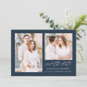 Elegant Script Navy 2 foto Save The Date (Staand voorkant)