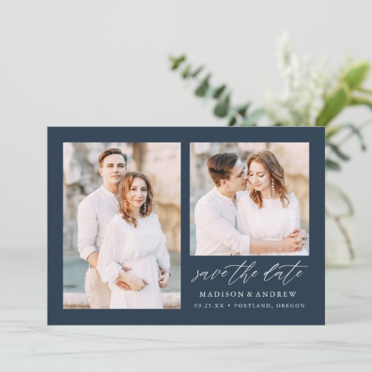 Elegant Script Navy 2 foto Save The Date (Staand voorkant)