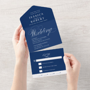 Elegant Script Navy and White Calligraphy Wedding All In One Uitnodiging