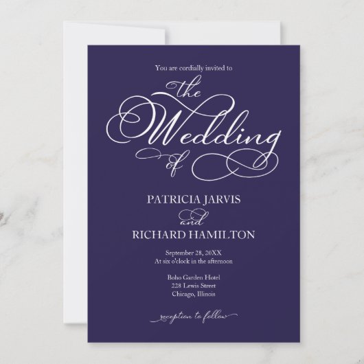 Elegant Script Navy blauw en wit bruiloft Kaart (Voorkant)