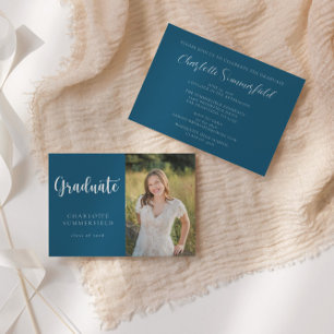 Elegant Script Navy Blauw Wit Foto Afstuderen Kaart