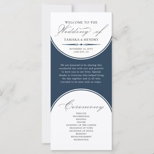 Élégant Script Navy Blue Arch Wedding Programme (Devant)