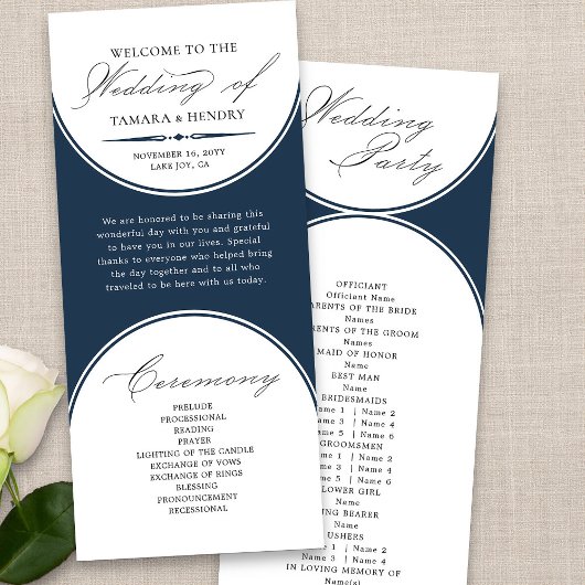 Élégant Script Navy Blue Arch Wedding Programme
