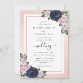 Elegant Script Navy Blue Blush Floral Wedding Kaart (Voorkant)