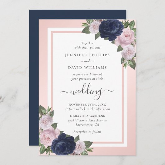 Elegant Script Navy Blue Blush Floral Wedding Kaart (Voorkant / Achterkant)