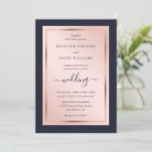 Elegant Script Navy Blue Blush Roos Gold Wedding Kaart (Staand voorkant)