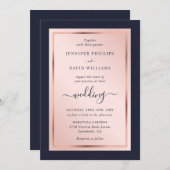Elegant Script Navy Blue Blush Roos Gold Wedding Kaart (Voorkant / Achterkant)