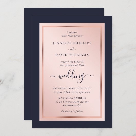 Elegant Script Navy Blue Blush Roos Gold Wedding Kaart (Voorkant / Achterkant)