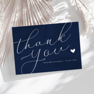 elegant script navy blue bruiloft bedankt kaart