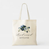 elegant script navy blue floral bridesmaid tote bag (Achterkant)