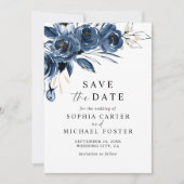 Elegant Script Navy Blue Floral Photo Wedding Save The Date (Voorkant)