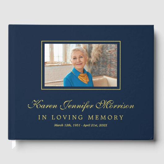 Elegant Script Navy Blue Photo In Loving Memory Gastenboek (Voorkant)