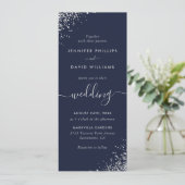 Elegant Script Navy Blue Silver Glitter Wedding Kaart (Staand voorkant)