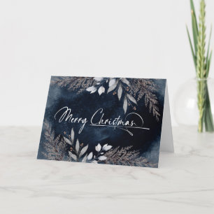 Elegant Script Navy Blue Winter Foliage Kerstmis Feestdagen Kaart