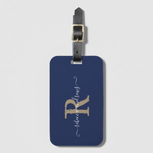 Elegant Script Navy Gold Monogram Naam Reizen Bagagelabel