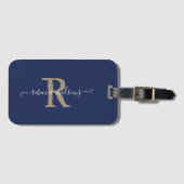 Elegant Script Navy Gold Monogram Naam Reizen Bagagelabel (Voorkant (horizontaal))