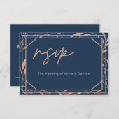 Elegant Script Navy Roos Gold Wedding RSVP (Voorkant / Achterkant)