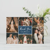 Elegant Script Navy Wedding Multi Photo Collage Bedankkaart (Staand voorkant)