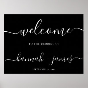 Élégant script noir blanc Mariage Affiche de bienv