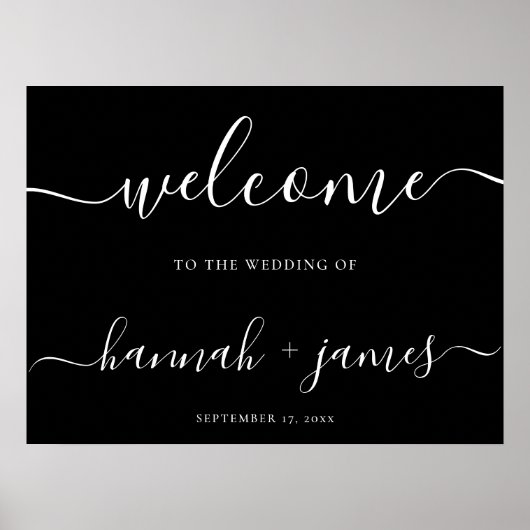 Élégant script noir blanc Mariage Affiche de bienv (Devant)