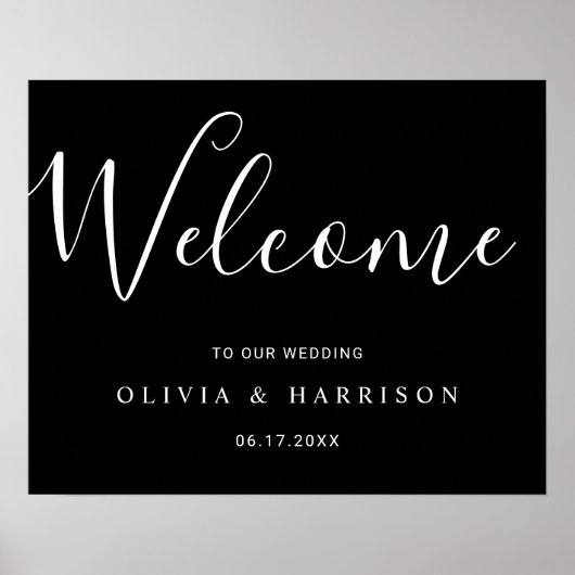 Élégant script noir blanc Mariage Affiche de bienv (Devant)