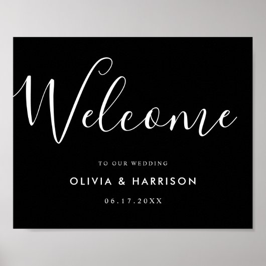 Élégant script noir blanc Mariage Affiche de bienv (Devant)