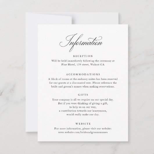 Élégant script noir blanc Mariage carte d'informat (Devant)