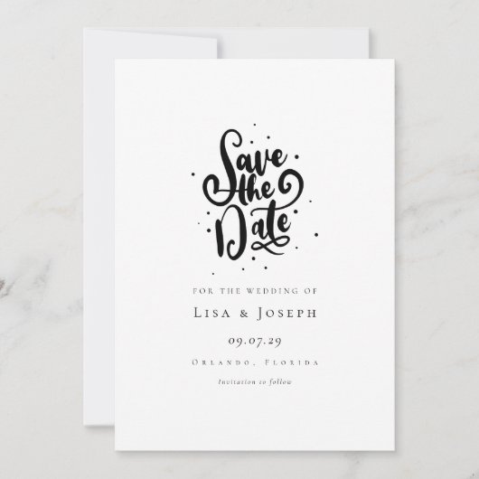 Élégant Script Noir et Blanc Save the Date (Devant)
