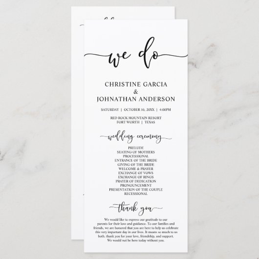 Élégant script noir, notre programme de cérémonie (Devant / Derrière)