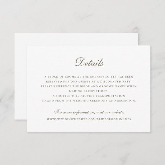 Elegant Script Olijfgroen Bruiloft Details Kaart (Voorkant / Achterkant)
