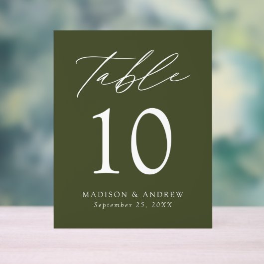Élégant Script Olive Green Mariage Numéro de table (Neutre)