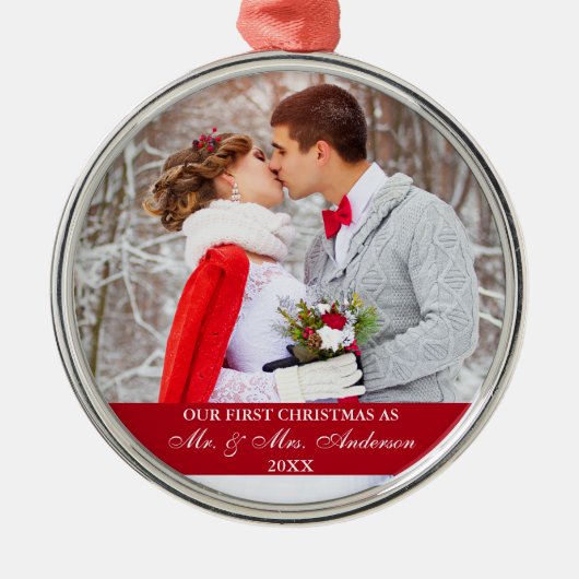 Elegant script Ons eerste kerstrood Metalen Ornament (Voorkant)