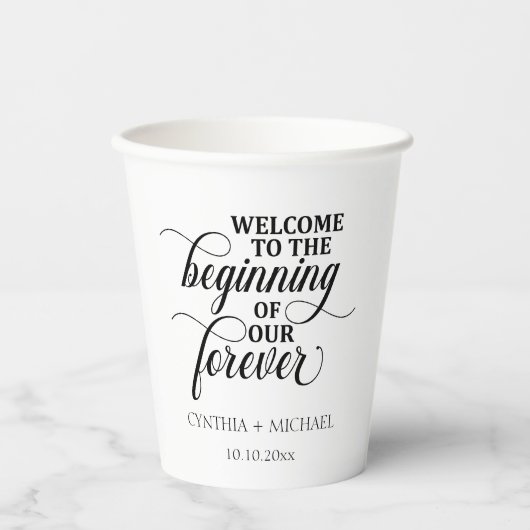 Elegant script 'onze eeuwige' bruiloft papieren bekers (Voorkant)