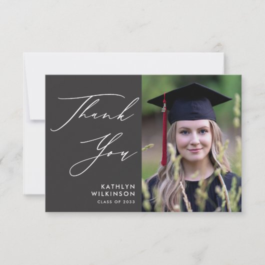 Elegant script op grijs minimalistisch foto-Afstud Bedankkaart (Voorkant)