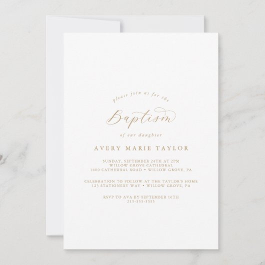 Élégant script or Baptême Invitation (Devant)