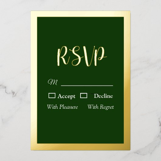 Elégant script or et cadre Foil vert carte RSVP (Recto)