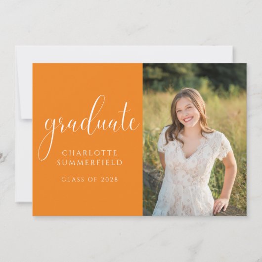 Élégant Script Orange Graduation Photo Invitation (Devant)