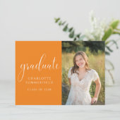 Élégant Script Orange Graduation Photo Invitation (Debout devant)