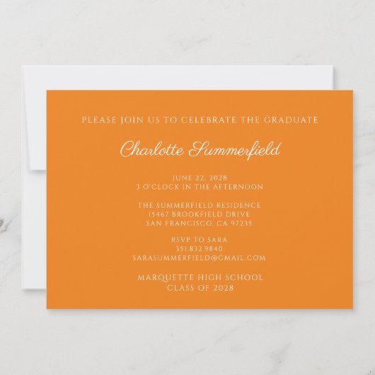 Élégant Script Orange Graduation Photo Invitation (Dos)
