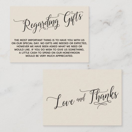 Elegant script over Huwelijkscadeaus Cream Informatiekaartje (Voorkant / Achterkant)