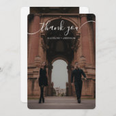 Elegant Script Overlay Classic Two Photo Wedding Bedankkaart (Voorkant / Achterkant)