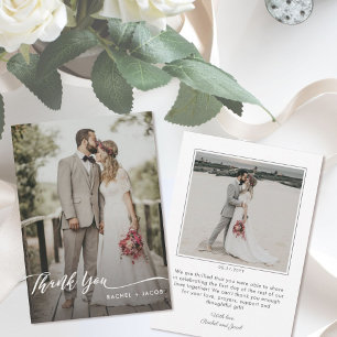 Elegant Script Overlay Simple Two Photo Wedding Bedankkaart