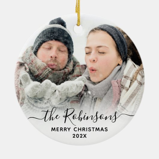 Elegant script paar naam foto vrolijk kerstfeest keramisch ornament (Achterkant)