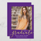 Elegant Script Paars Gold 2-foto Afstuderen Aankondiging (Voorkant / Achterkant)