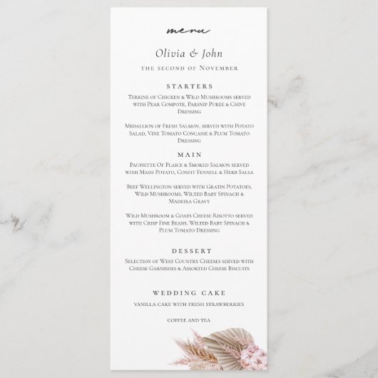 Elegant Script Pampas Grass Wedding  Menu (Voorkant)