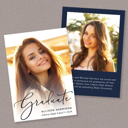 Elegant Script Photo Blue Afstuderen Aankondiging