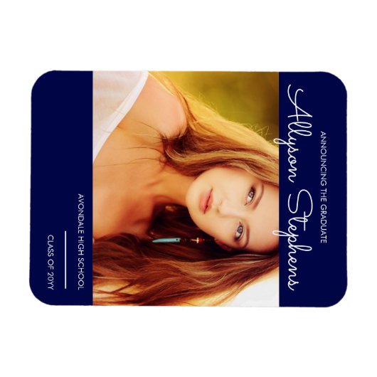Elegant Script Photo Blue Afstuderen Aankondiging Magneet (Horizontaal)