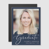 Elegant Script Photo Blue Afstuderen Magnetische Uitnodiging (Voorkant / Achterkant)