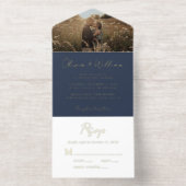 Elegant Script Photo Blue Wedding All In One Uitnodiging (Binnenkant)