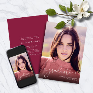 Elegant Script Photo Burgundy Maroon Afstuderen Aankondiging